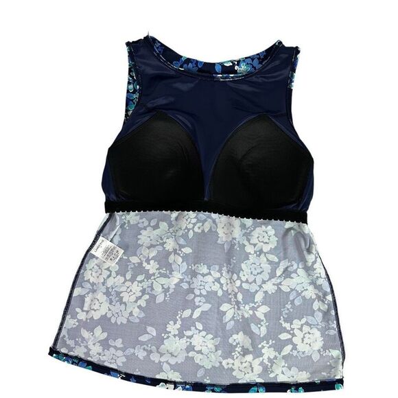 Lands End Womens High Neck Tankini Top size 12 Blue Floral - Picture 4 of 5
